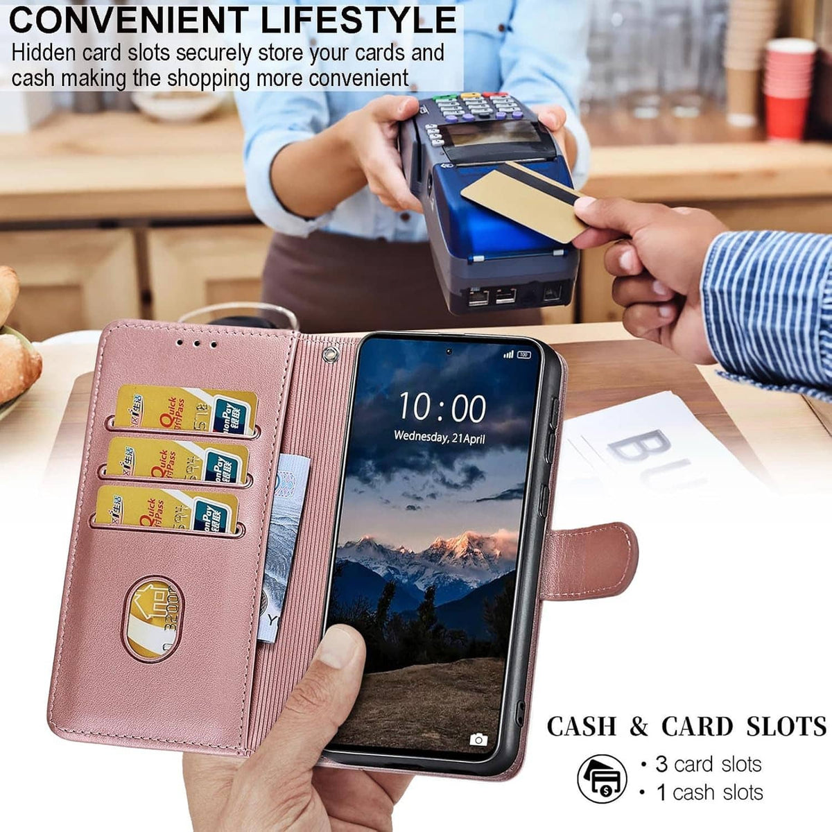 Pink wallet folio case with card and cash slots, phone held in the front cover
