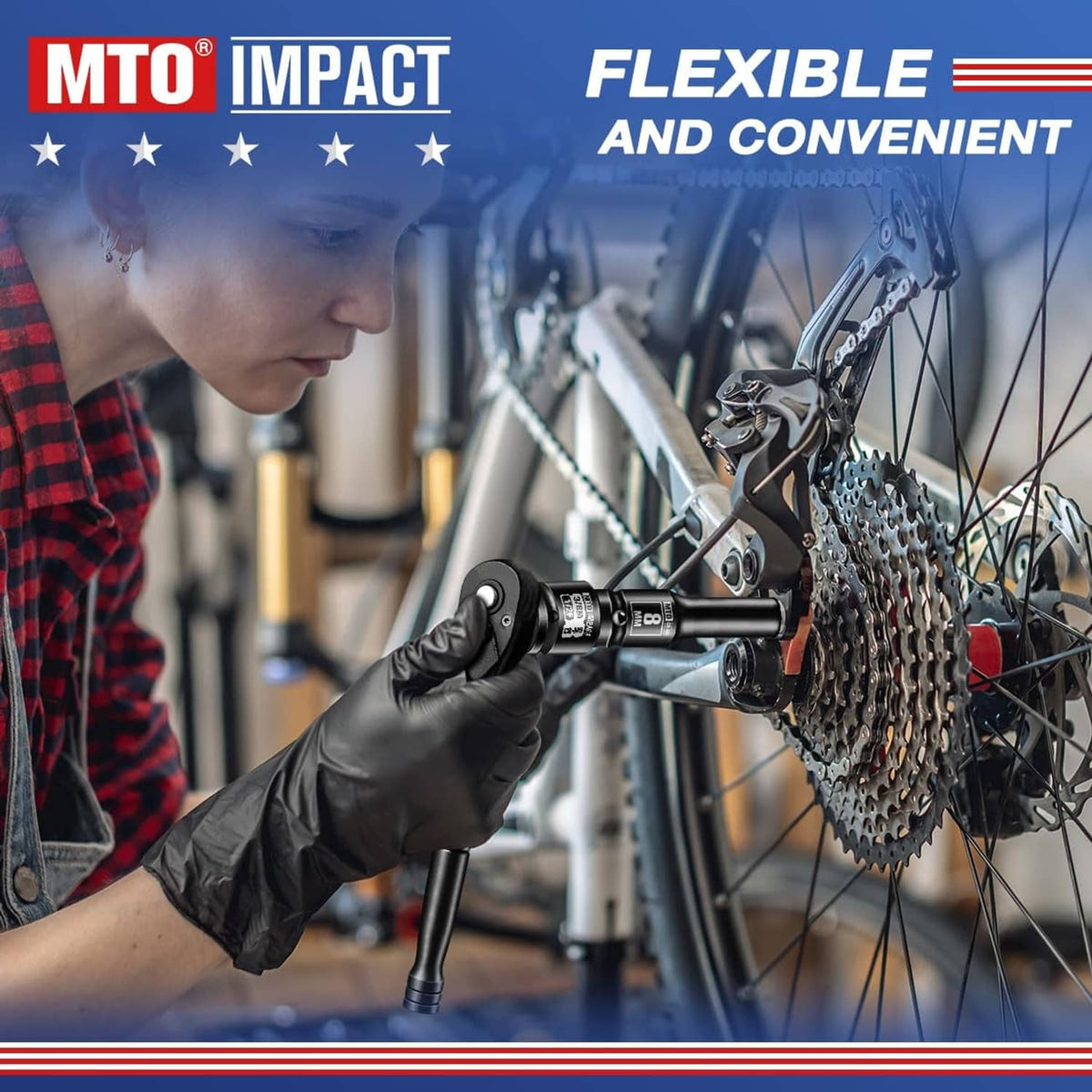 Black impact socket adapter held on a bicycle rear axle area