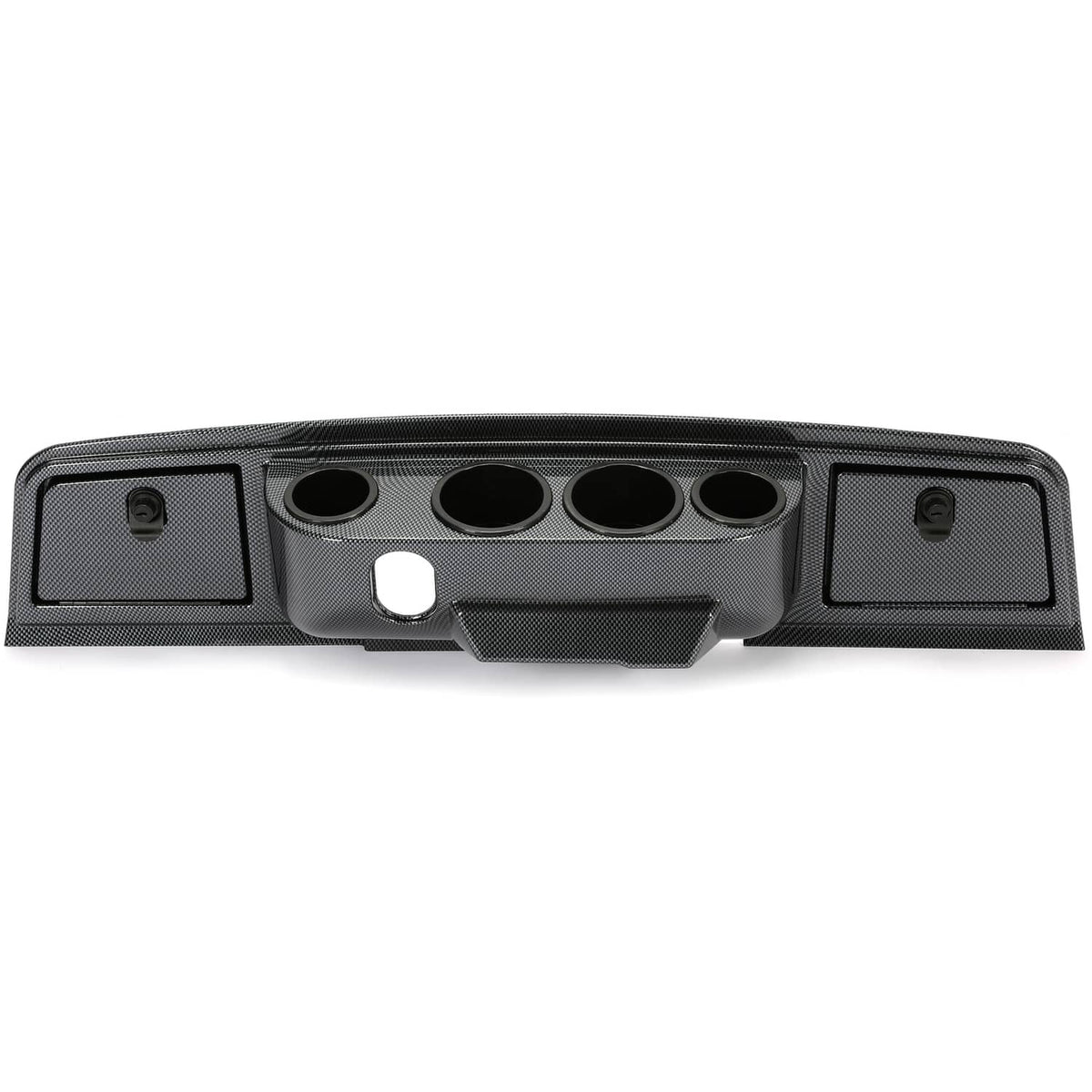 Carbon fiber dash cover with four cup holder openings and central switch cutout
