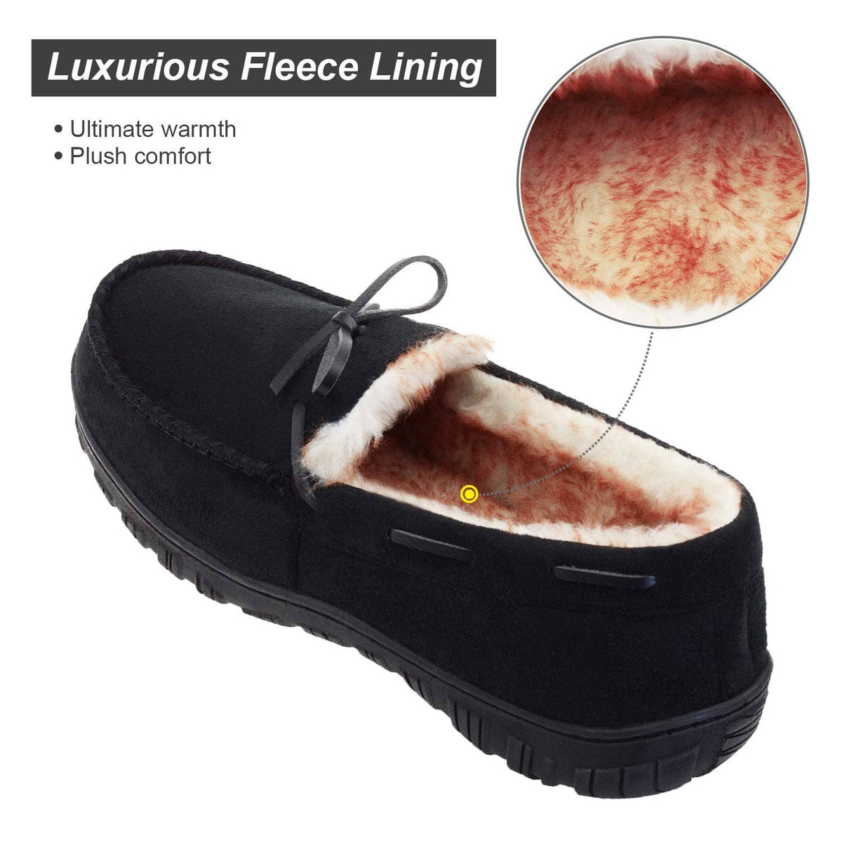 Men's black moccasin slippers with plush interior lining and tie at the top