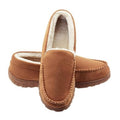 Men's suede moccasin slippers, tan slip-on with plush white lining and stitched toe