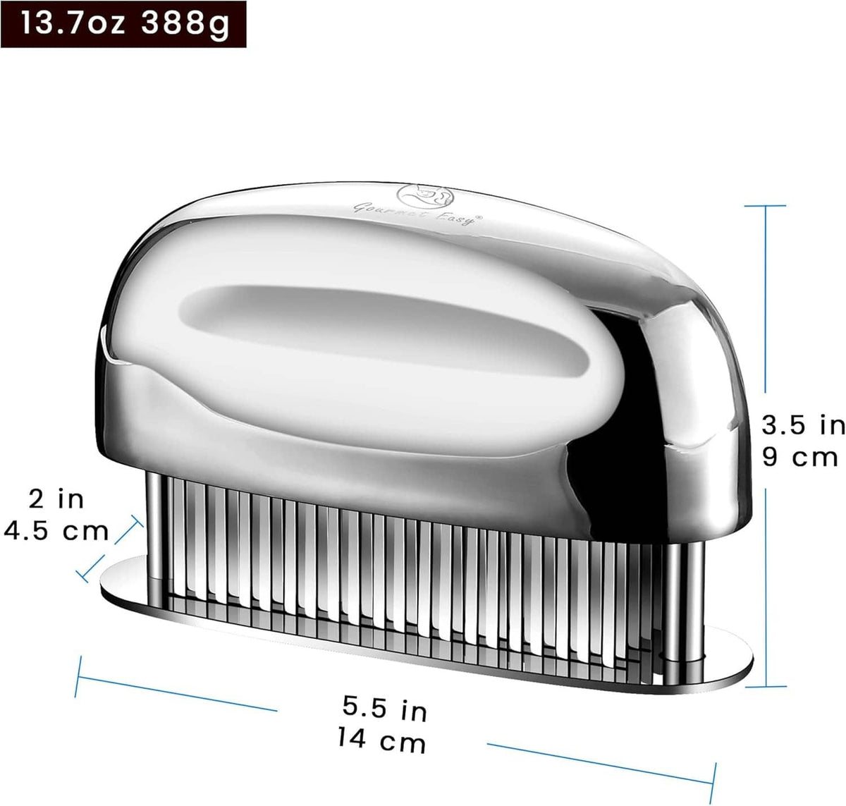 Meat tenderizer tool with needle blade base and curved silver head, 5.5 in wide