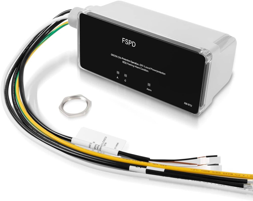 Surge protection device with black front panel, white housing, and colored wire leads
