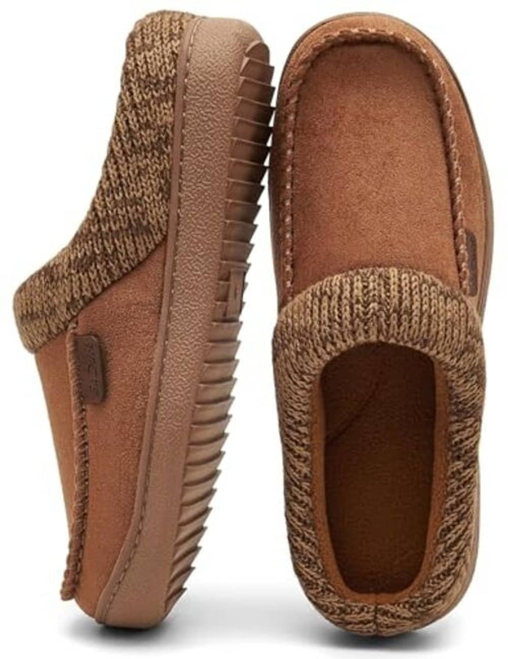 Tan and brown moccasin slipper clogs with knit collar, moc toe stitching, treaded sole