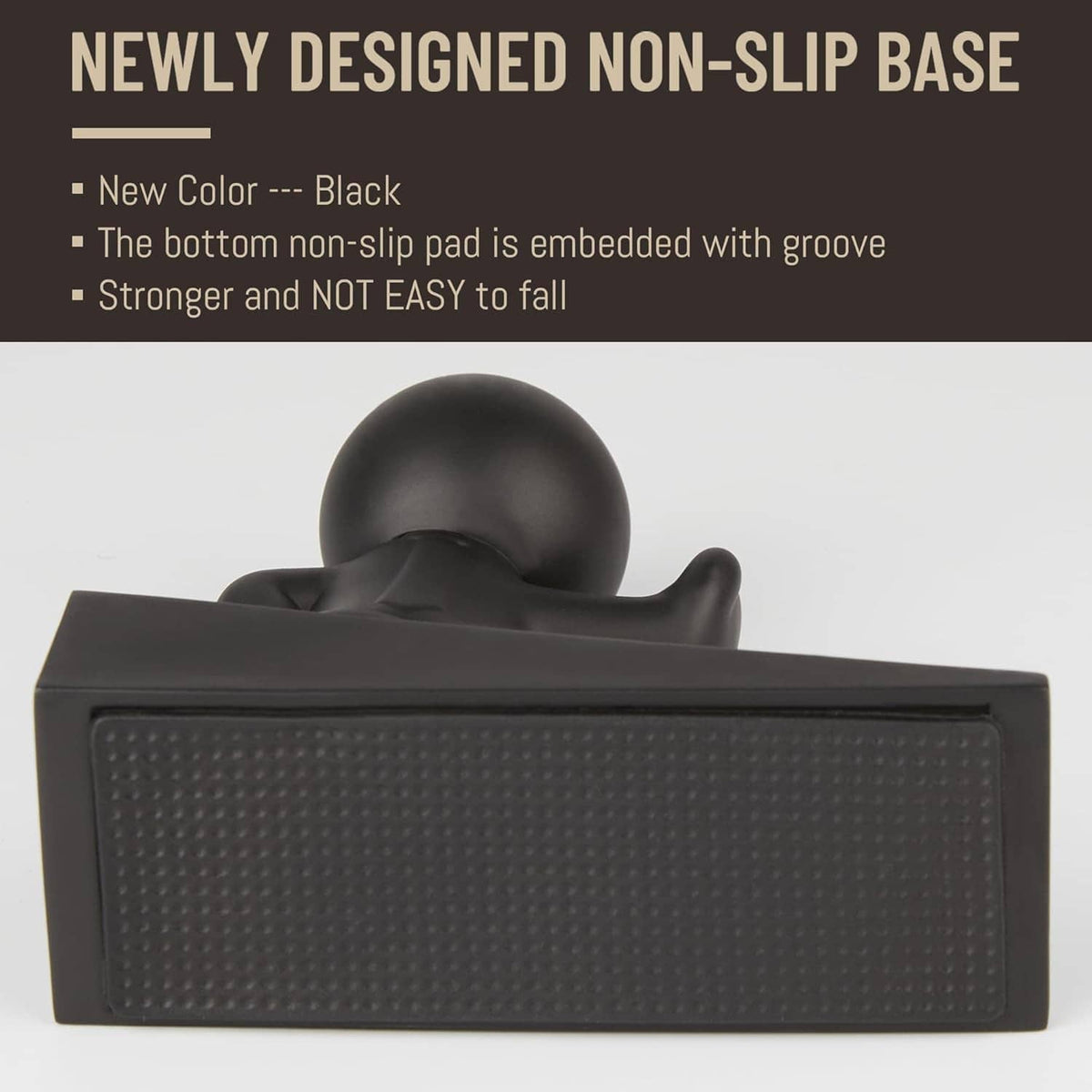 Close-up of black non-slip door stop base with embedded grippy pad texture.