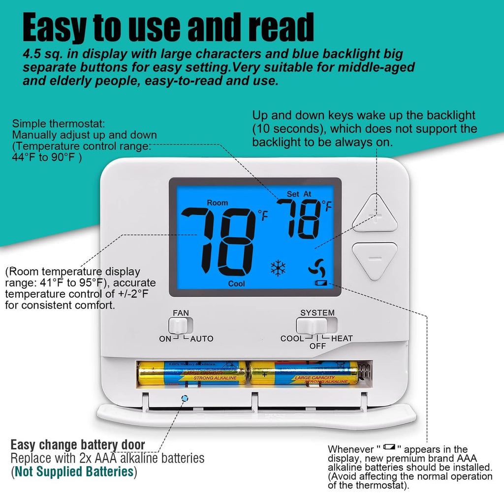 White thermostat with blue backlit display, labeled fan/system buttons, and battery door