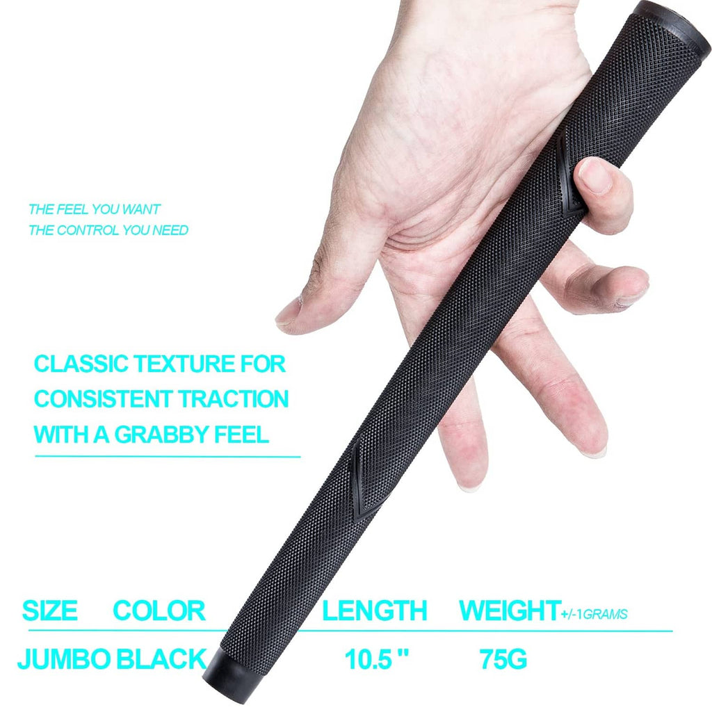 Black oversize golf grip with textured diamond pattern, hand gripping near the end