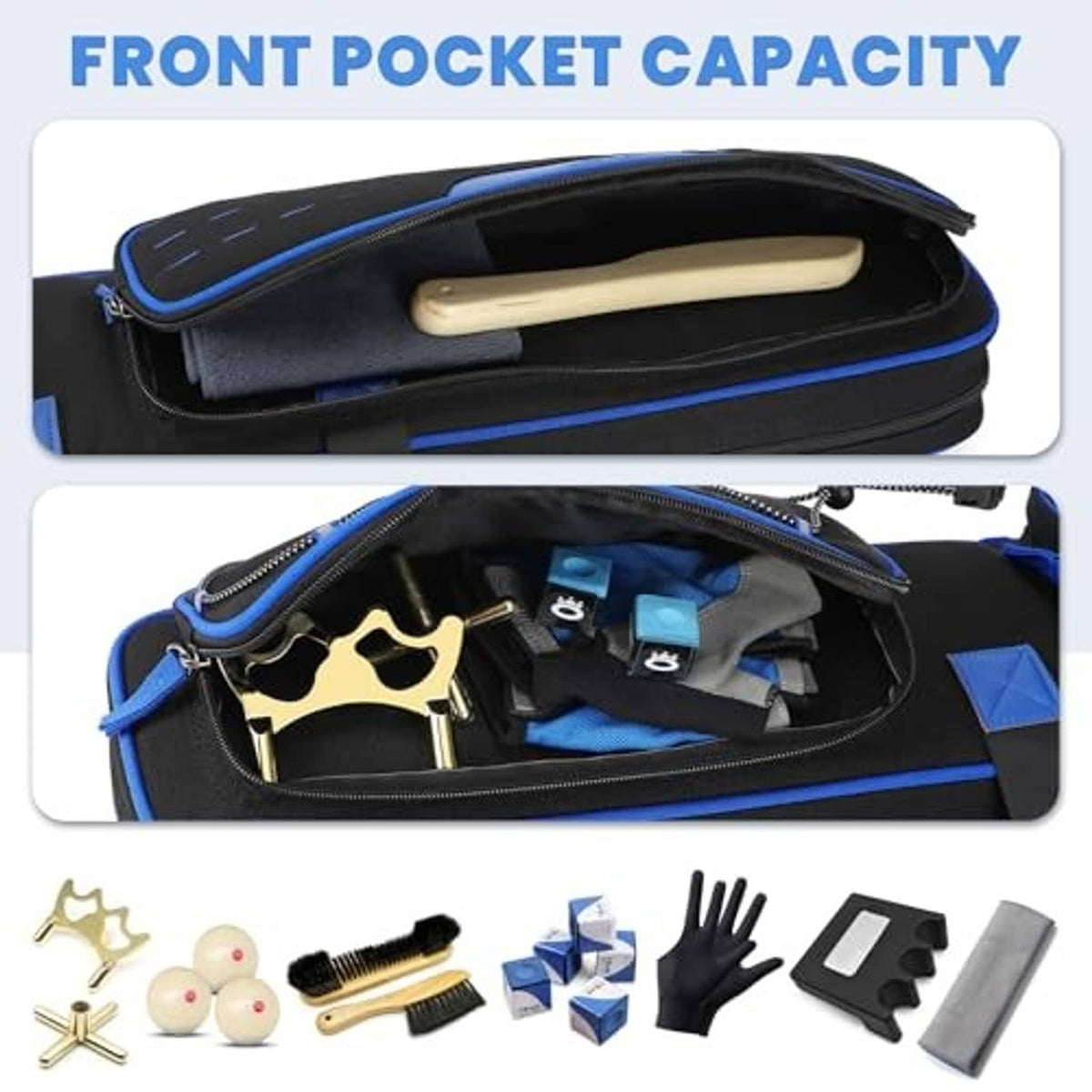 Blue-trimmed pool cue case interior with padded divider pocket under zipper
