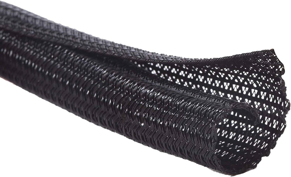 Black braided split cable sleeve tubing, close-up
