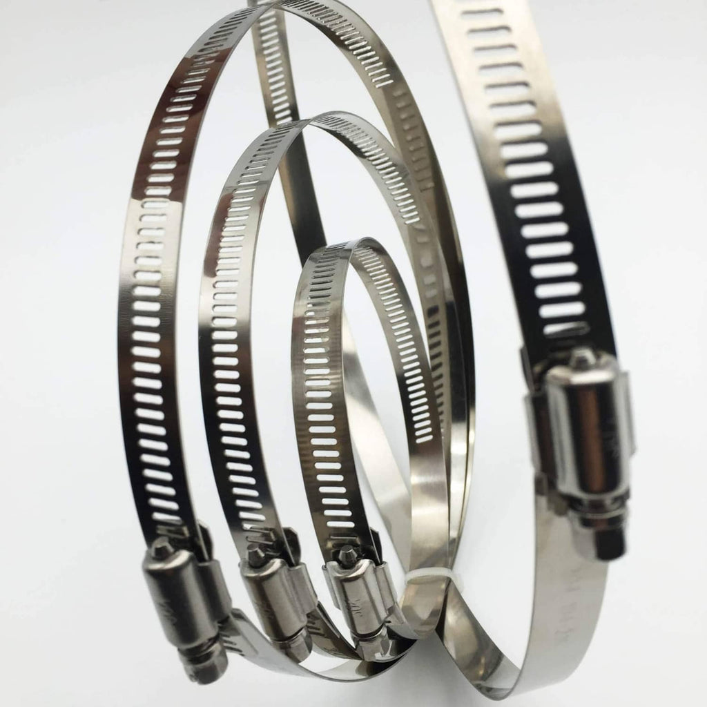Adjustable stainless steel hose clamps with toothed band and locking screw
