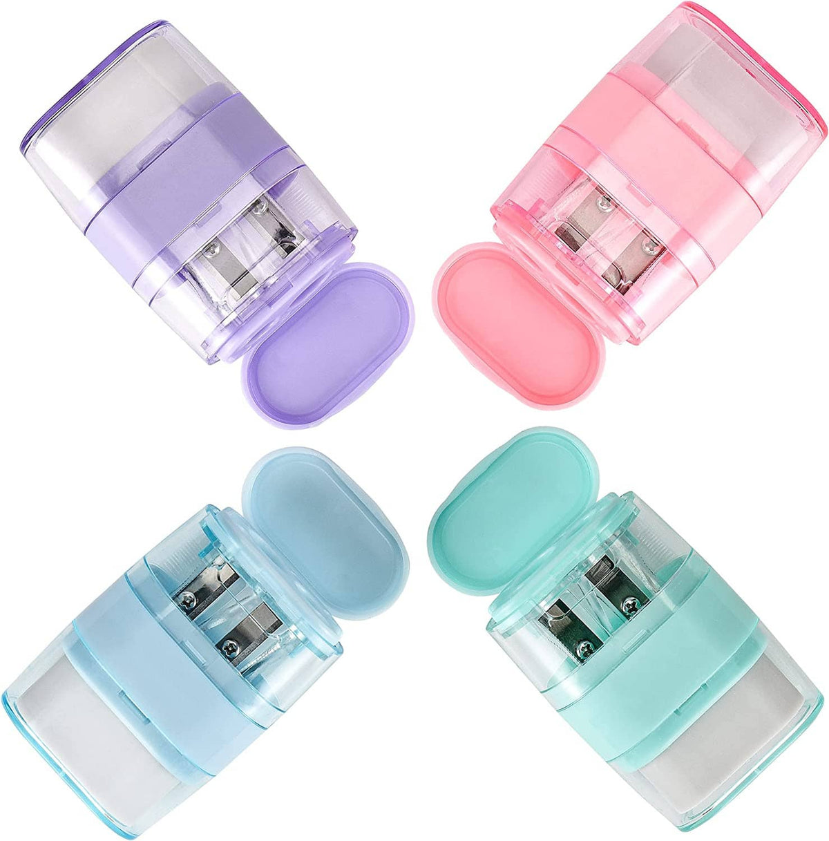 4-piece manual pencil sharpener set with transparent chambers and hinged open lids