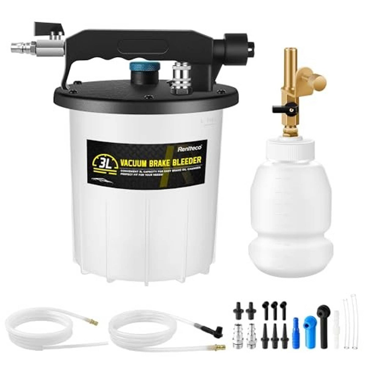 Vacuum brake bleeder pump kit with vacuum top, fluid bottle, brass adapter, and accessory pack