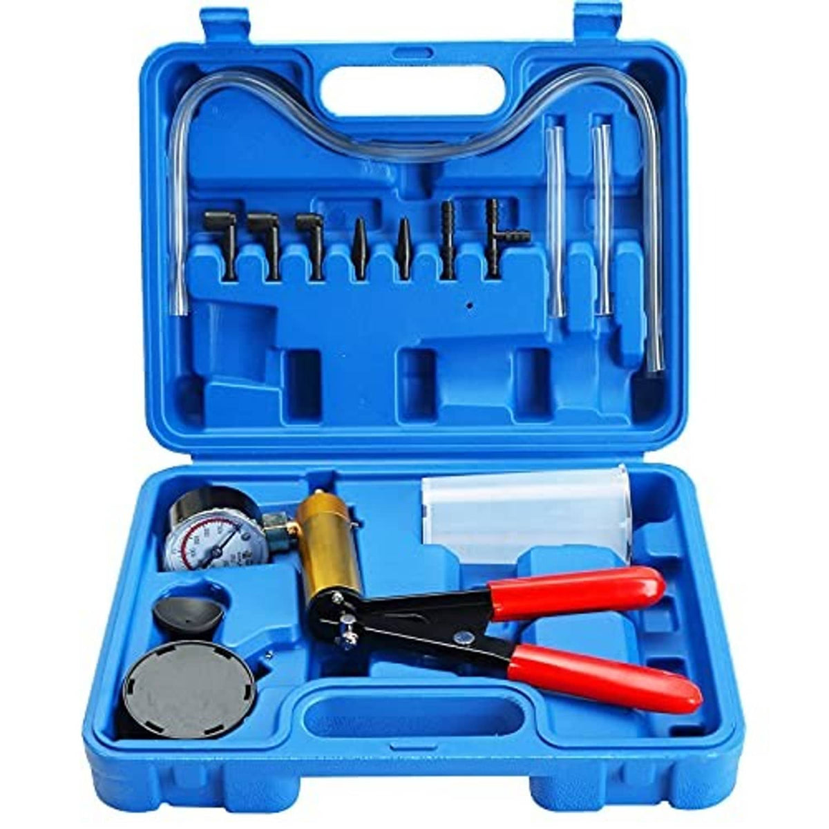 Vacuum pump tester kit in blue case with pressure gauge, pump, and fittings