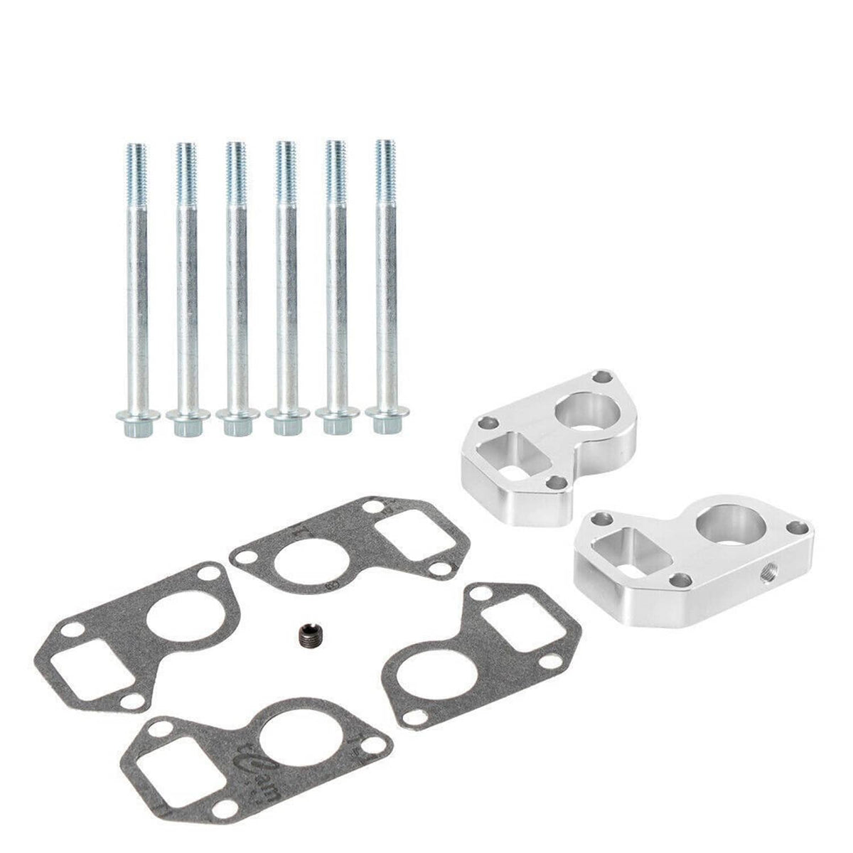 Water pump spacer adapter kit with silver spacers, black gaskets, and bolt set