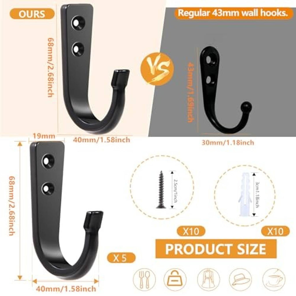 Black U-shaped wall hook set with screw-mount plates, five-piece
