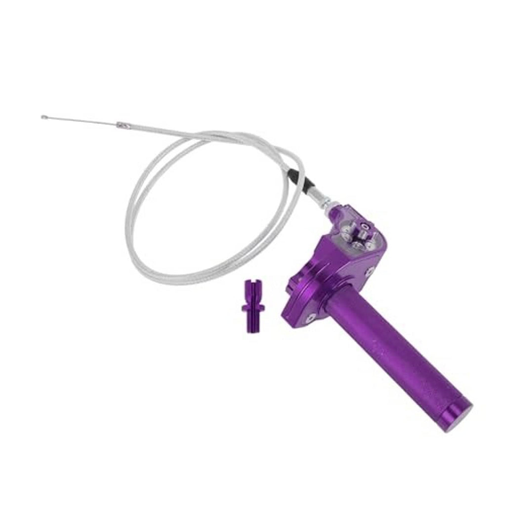 Purple motorcycle throttle grip with white cable loop and mounting bracket hardware