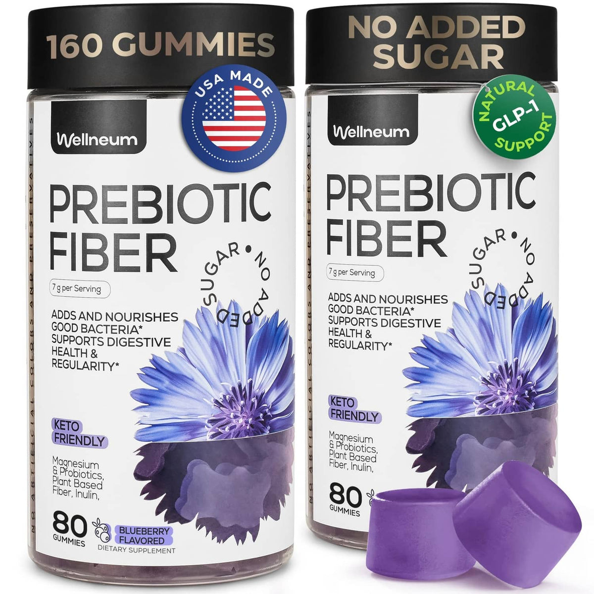 Wellneum prebiotic fiber gummy bottles, blueberry flavor, no added sugar (pair)