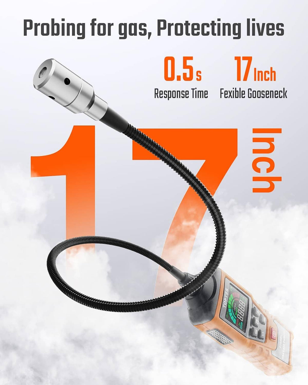 Orange gas leak detector with long flexible gooseneck probe