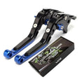 Motorcycle brake and clutch levers, black with blue foldable adjusters, CNC metal