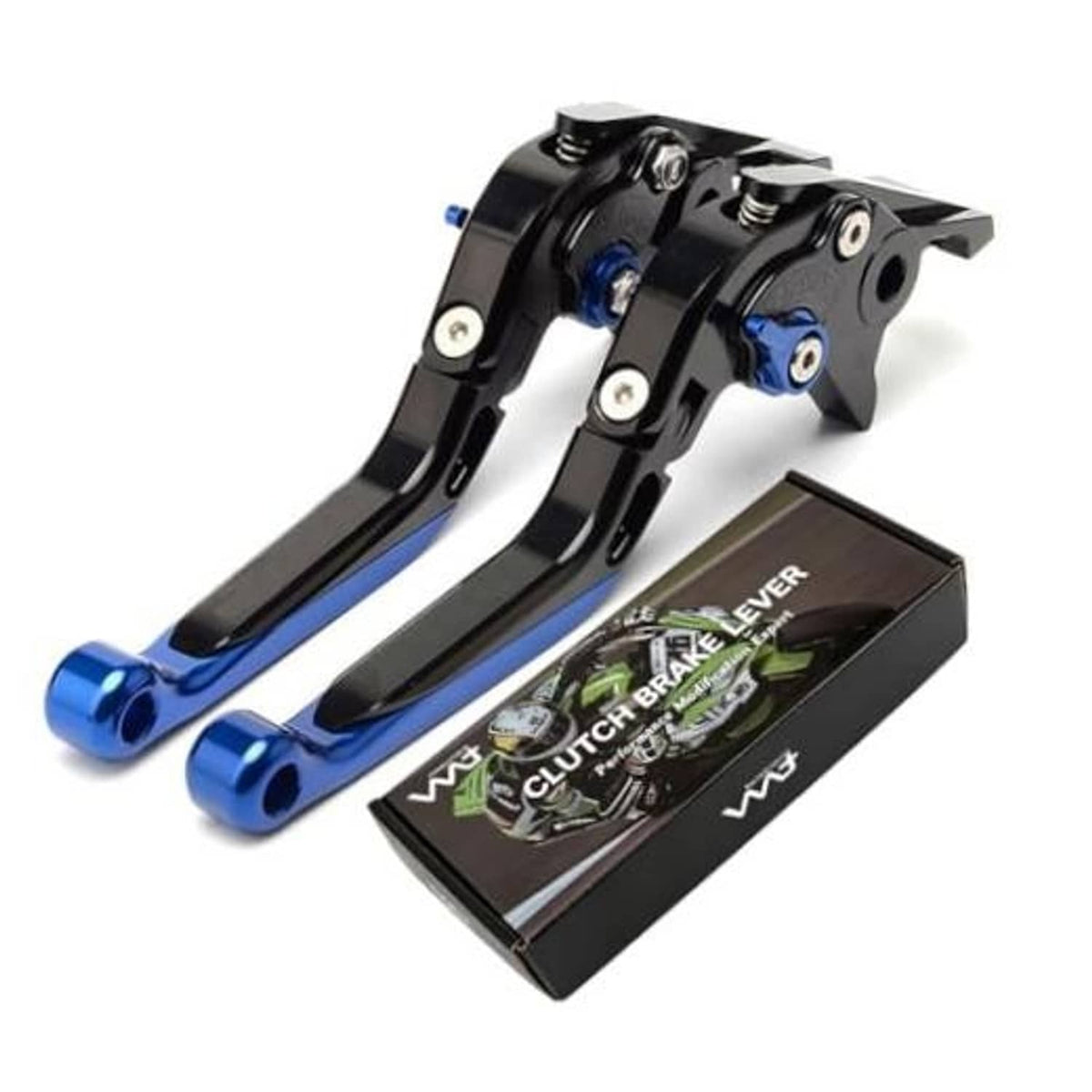 Motorcycle brake and clutch levers, black with blue foldable adjusters, CNC metal