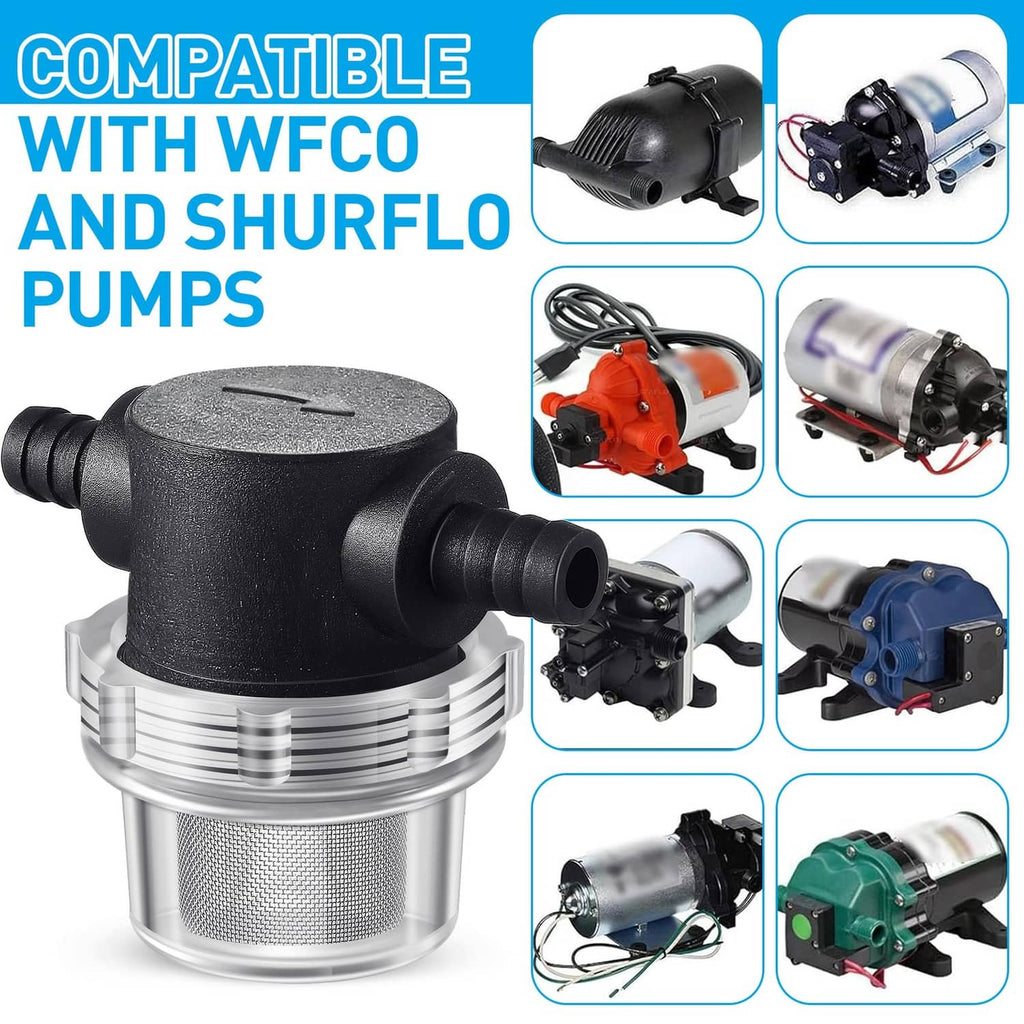 Water pump strainer with black housing and stainless mesh filter, shown with pump connections