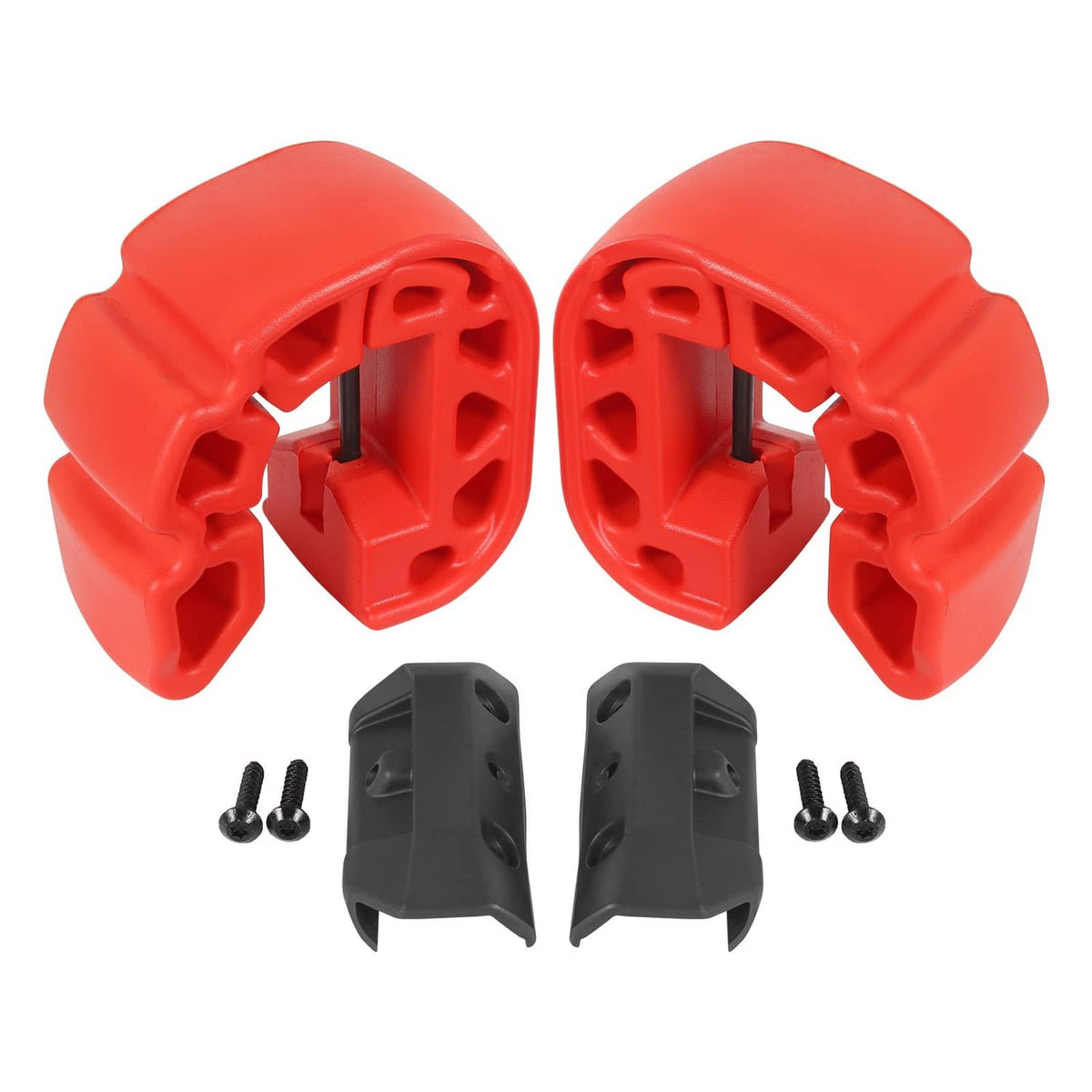 Red anti-crash bumper fenders with black brackets and mounting screws, pair set