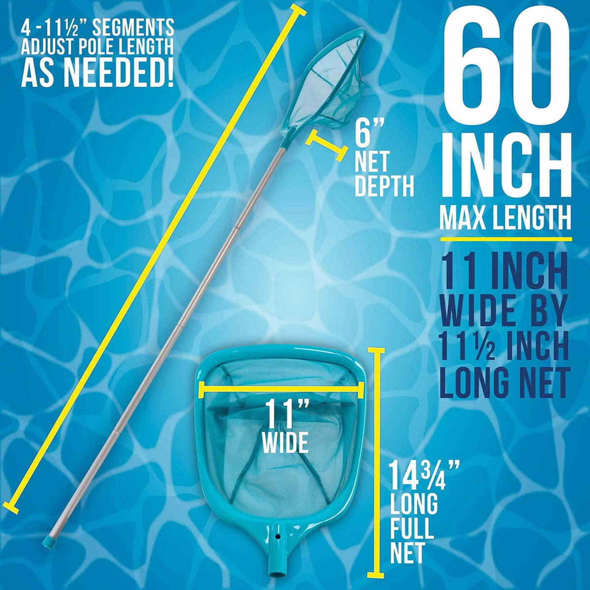 Blue square leaf skimmer net with adjustable multi-segment pole for pools.