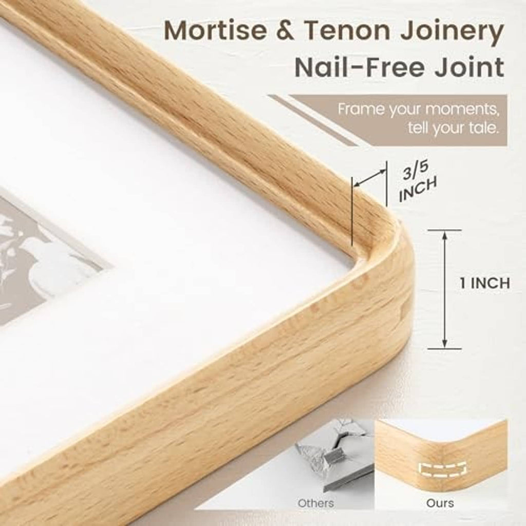 Beech wood picture frame corner joint detail with smooth beveled edges