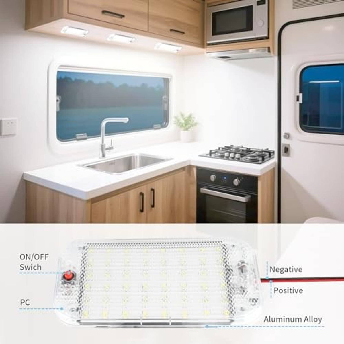 RV dome light installed near a sink, clear cover with red switch and wiring