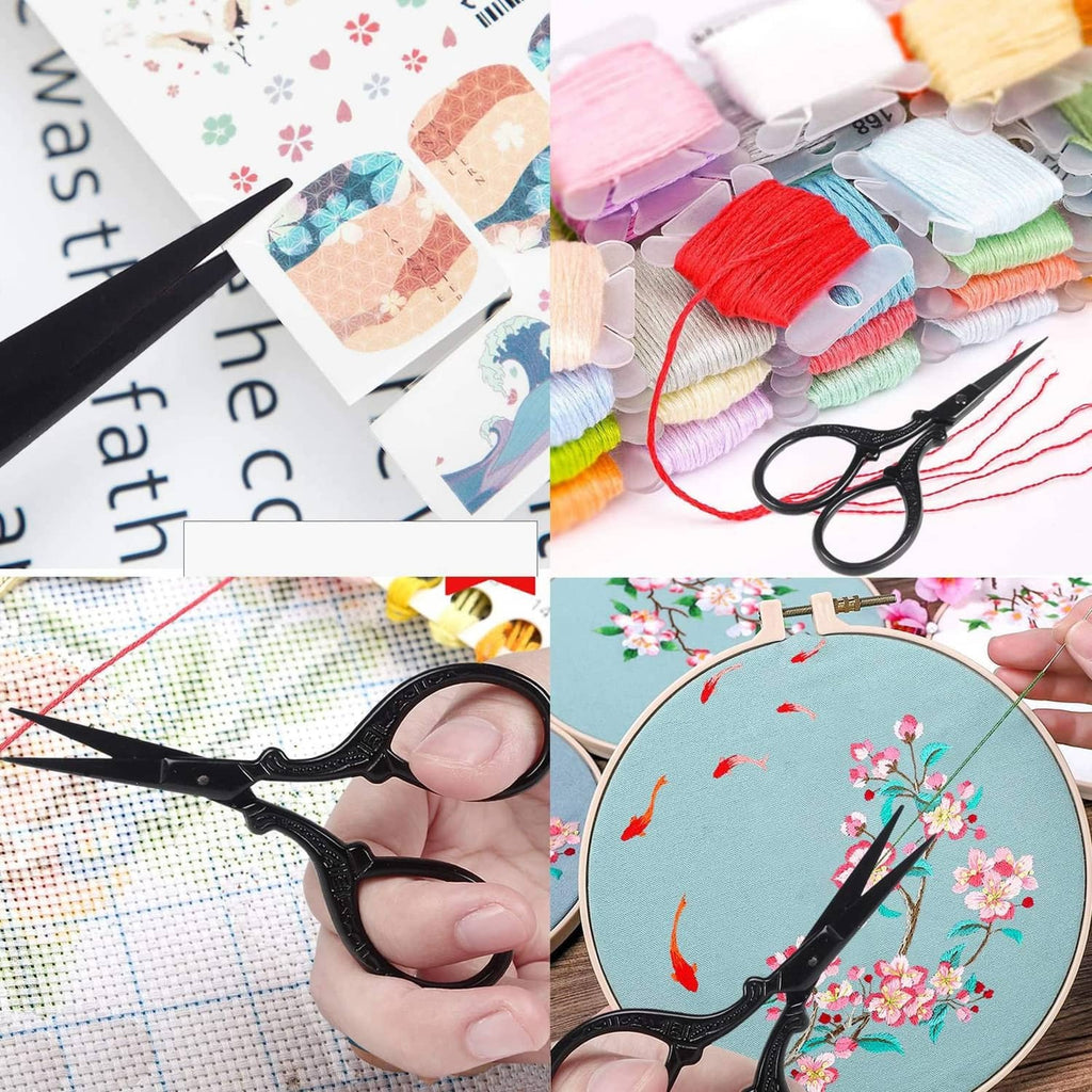 Black embroidery scissors cutting fabric on a hoop with sharp stainless steel blades
