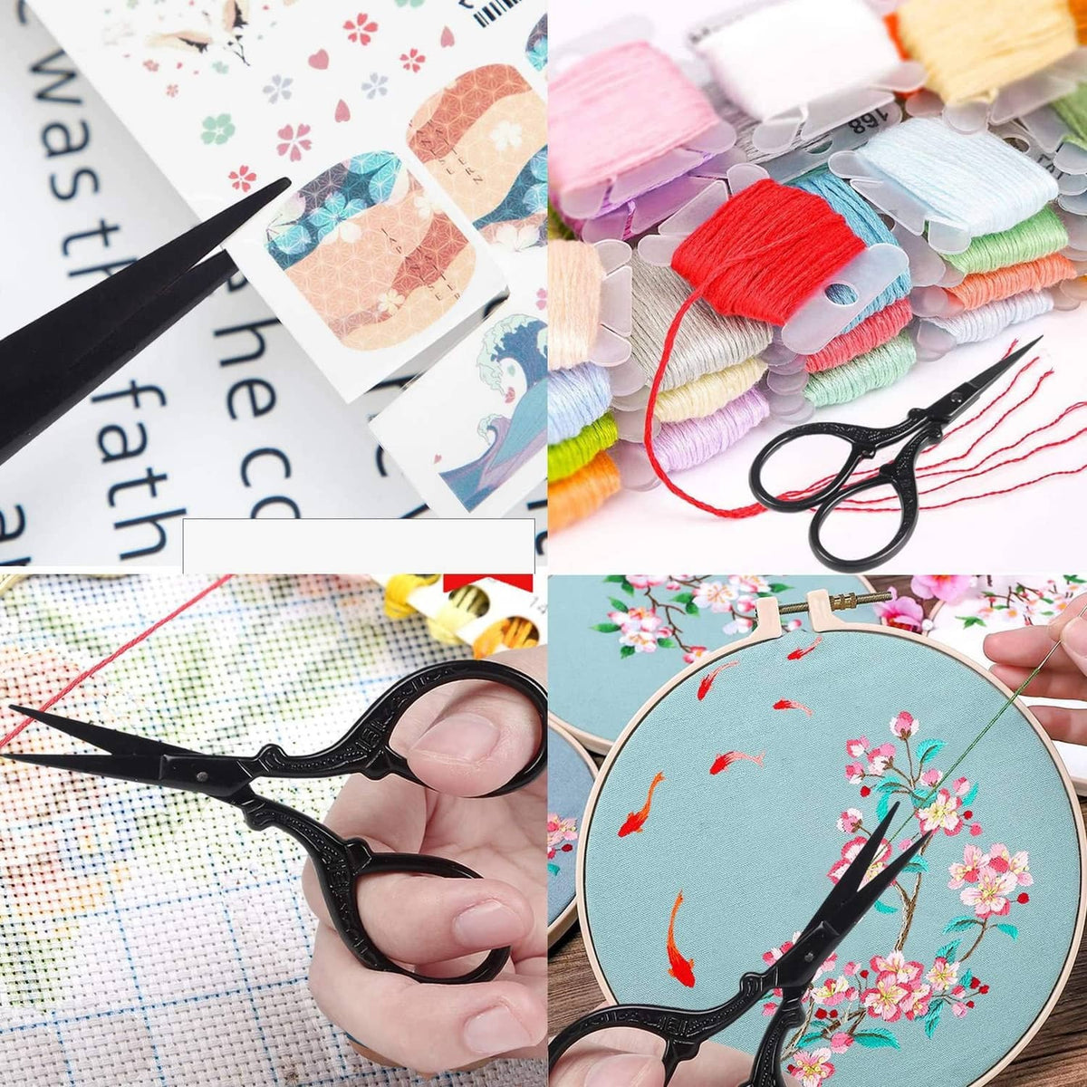 Black embroidery scissors cutting fabric on a hoop with sharp stainless steel blades
