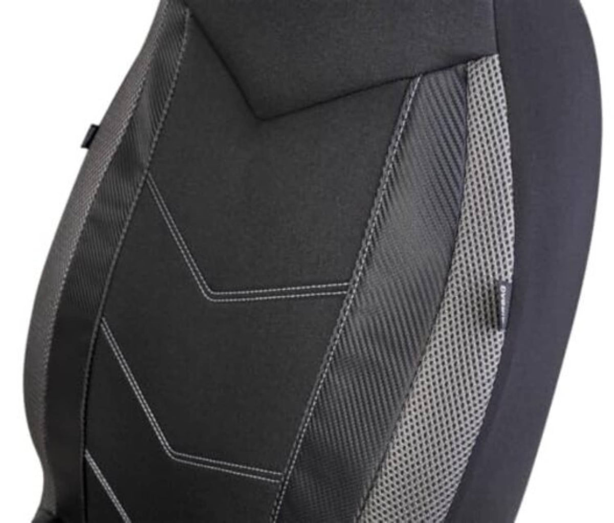 Close-up of high-back seat cover with stitched chevrons and gray mesh side panel
