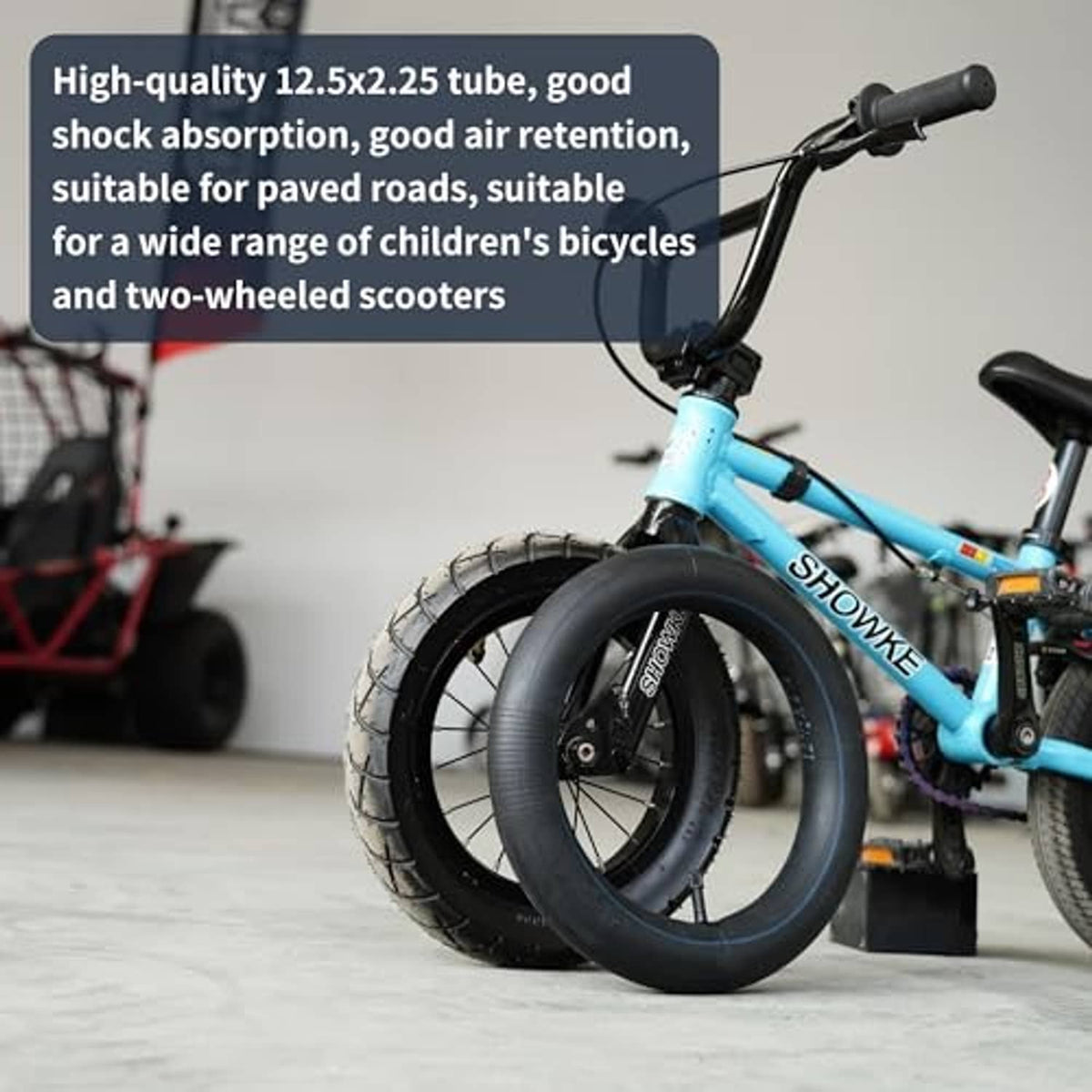 Black 12.5x2.25 inner tubes installed on small bike wheels