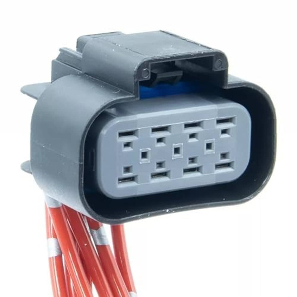 Headlight connector pigtail wire plug with gray interior and black outer housing, side view