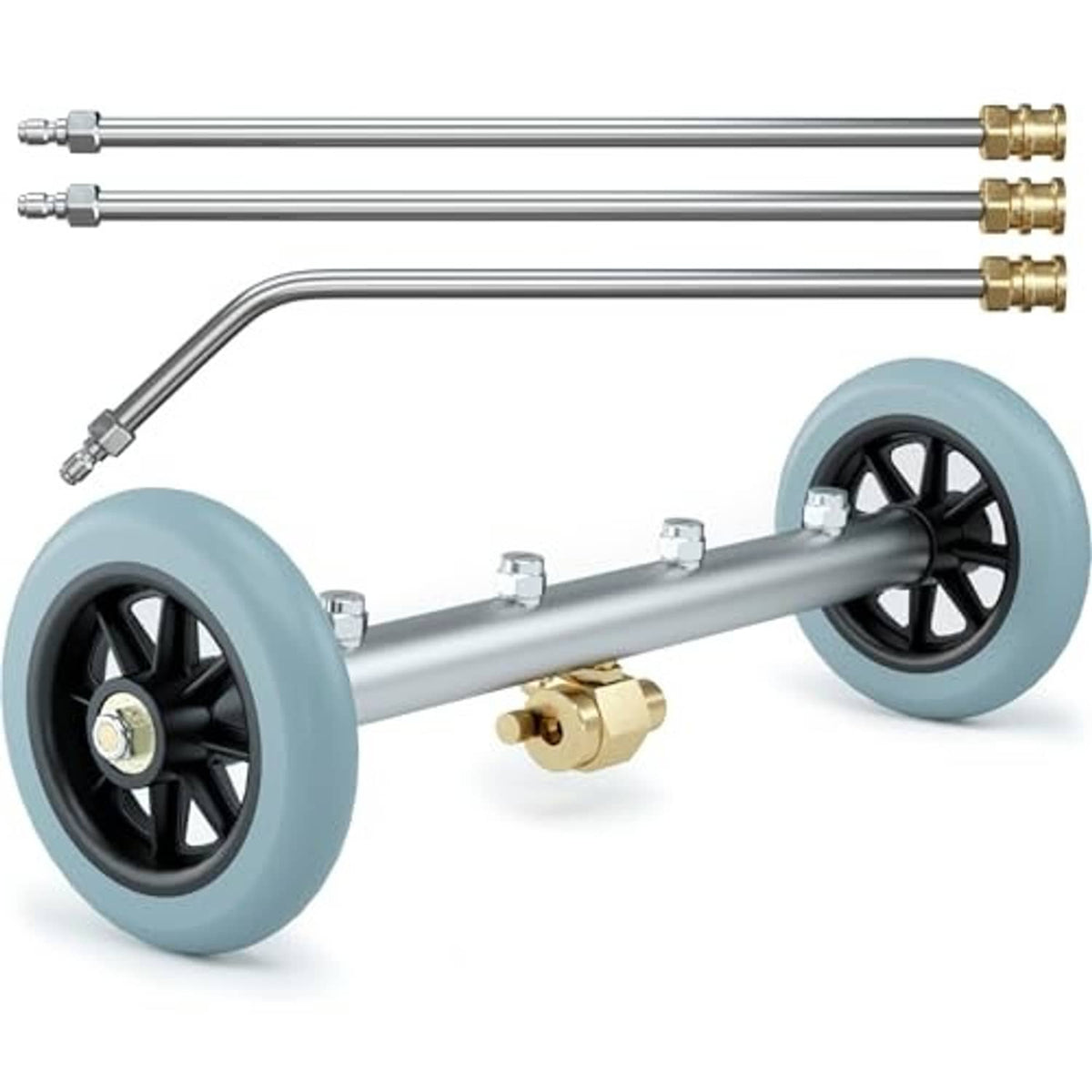 Undercarriage pressure washer water broom attachment with twin wands and large blue wheels