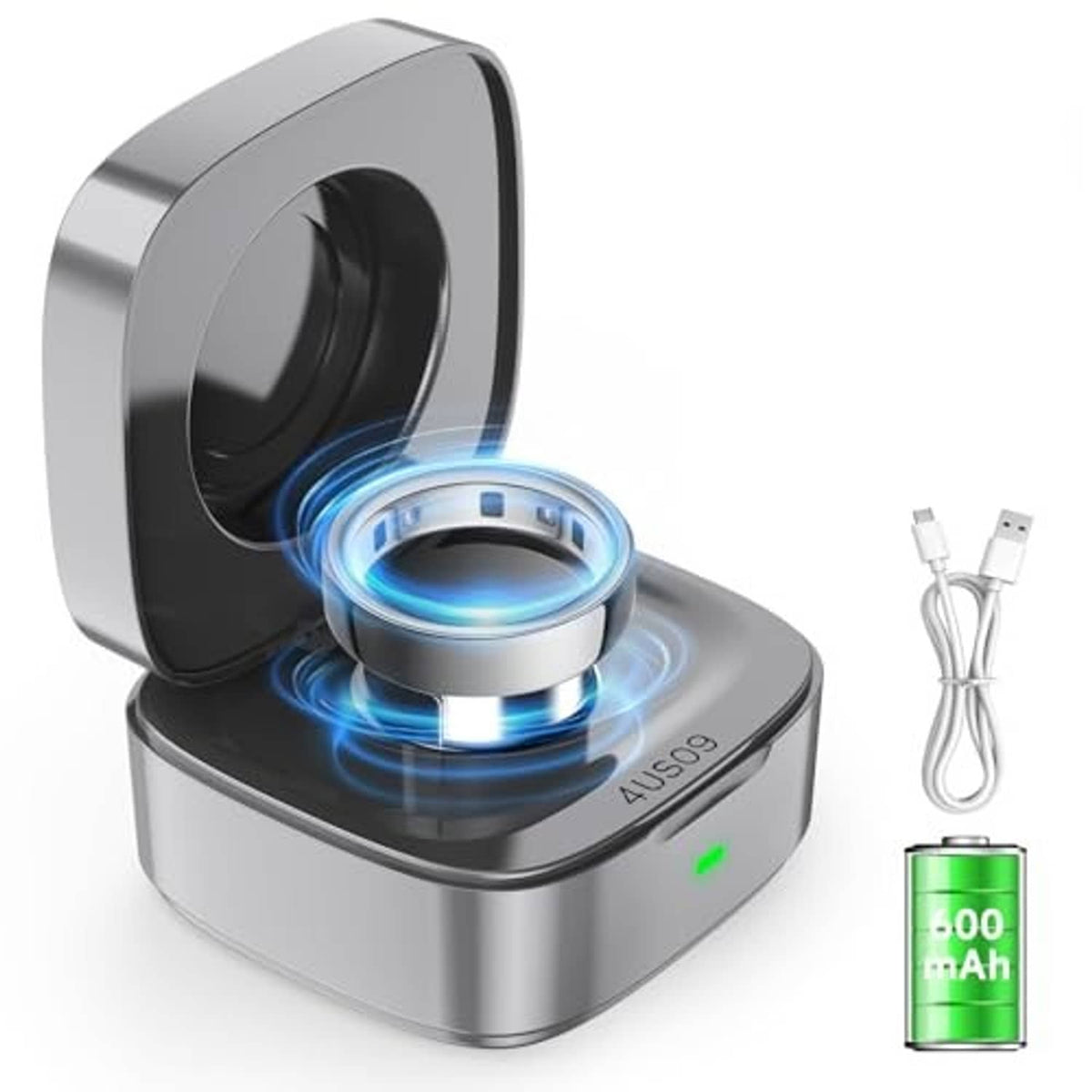 Metal wireless charging case with glowing charging ring, USB cable, and battery graphic