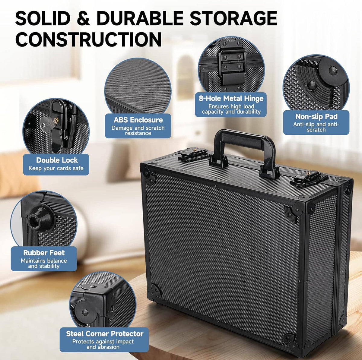 Black lockable trading card storage case with metal hinge, corner protection, and non-slip pads