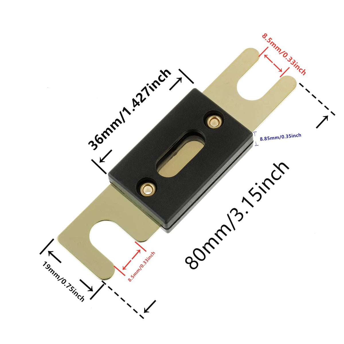 ANL fuse holder with gold hardware and black center bar, u-shaped bracket
