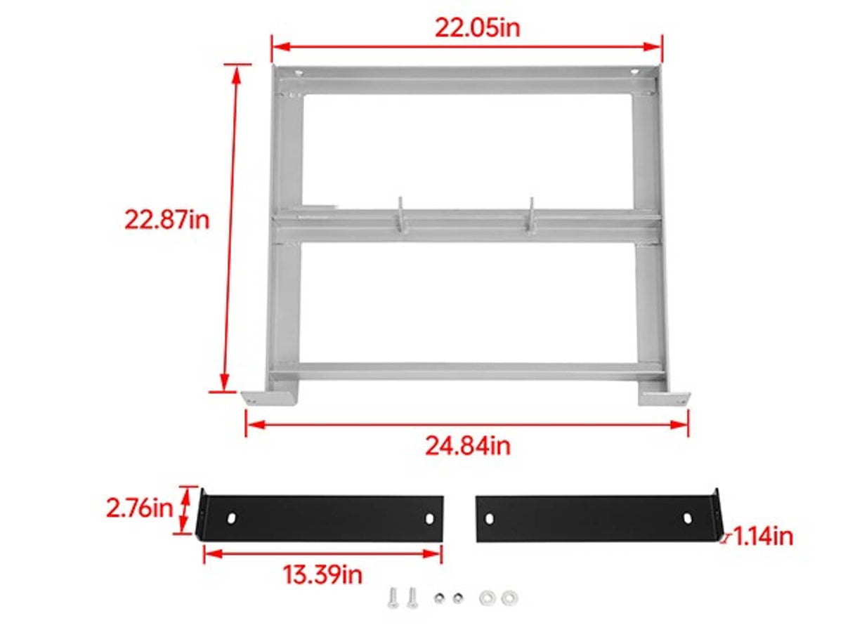 Aluminum battery tray kit diagram with overall size and included mounting plates