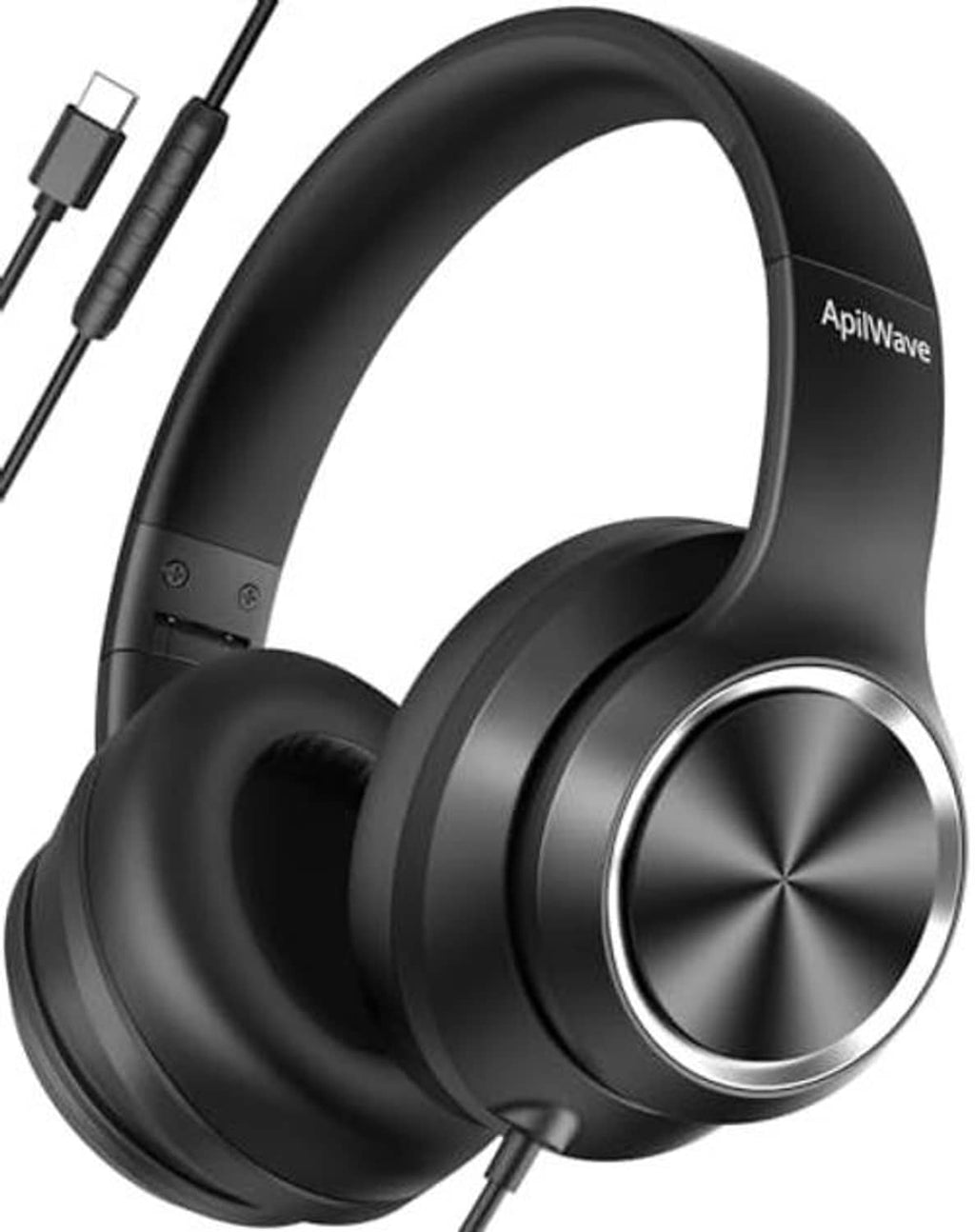 Black over-ear wired headphones with USB-C cable, large circular earcups