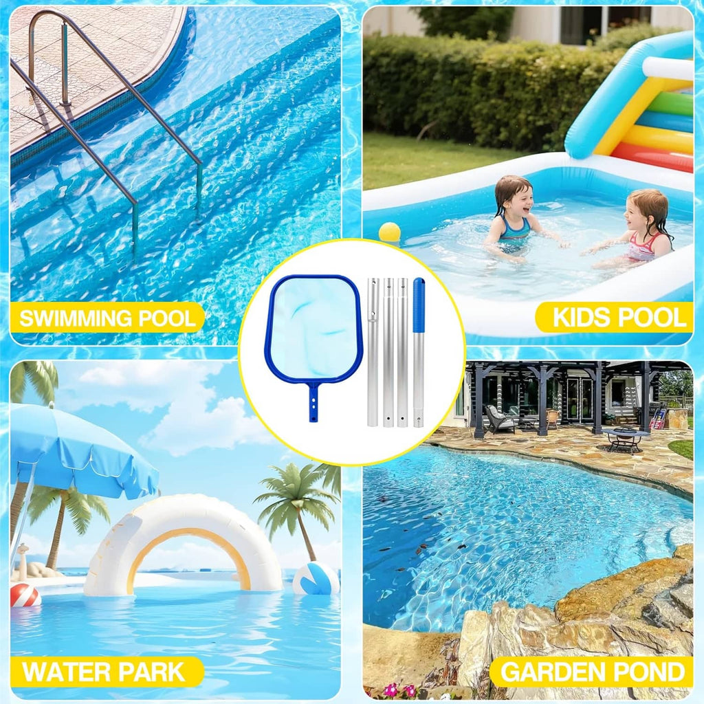 Blue pool skimmer net with extendable aluminum pole for pools and ponds
