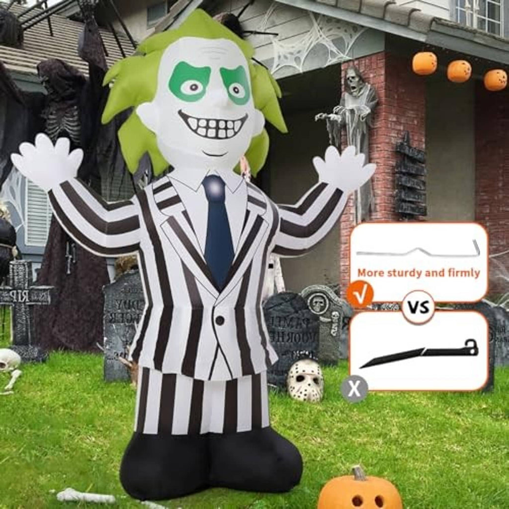 Outdoor Halloween inflatable weirdo suit with green hair, white smile face, striped jacket, blue tie