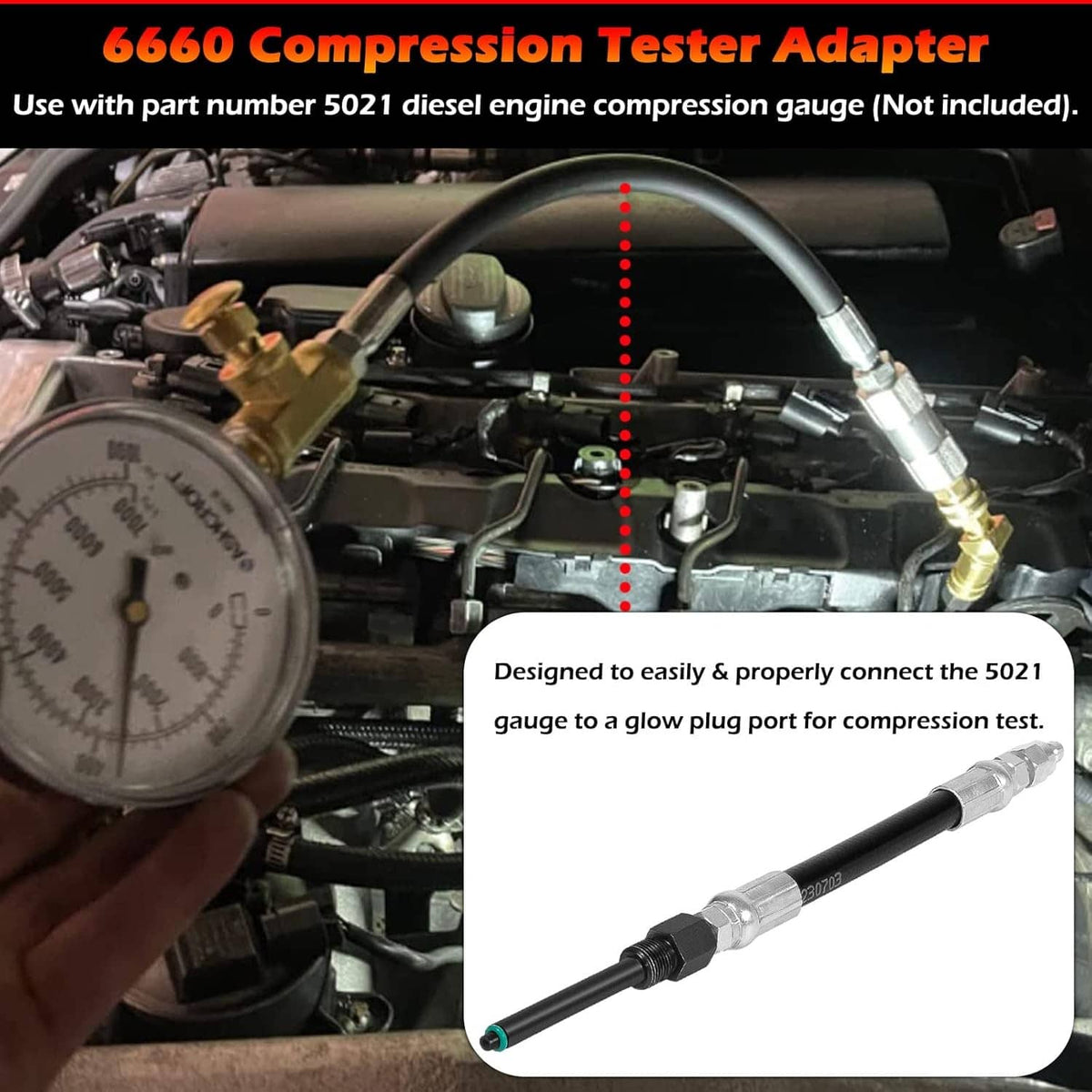 Compression tester adapter with silver fittings and black hose for engine compression gauge port