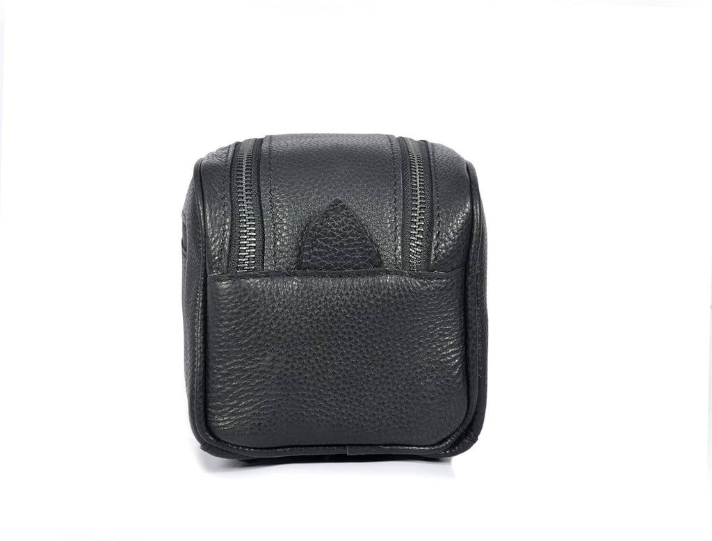 Black leather square toiletry pouch with embossed logo and top zipper