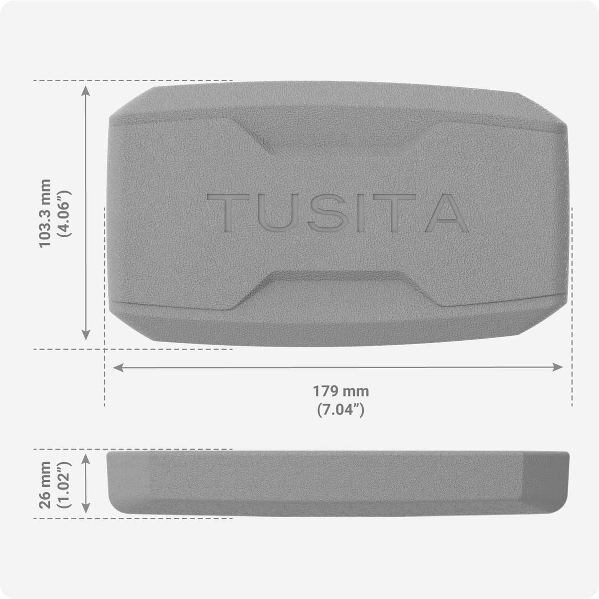 Gray protective cover case, top view with centered Tusita logo and side cutout