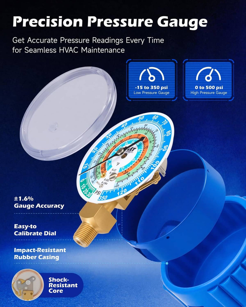 Precision pressure gauge with round dial, protective cover, and threaded brass connection