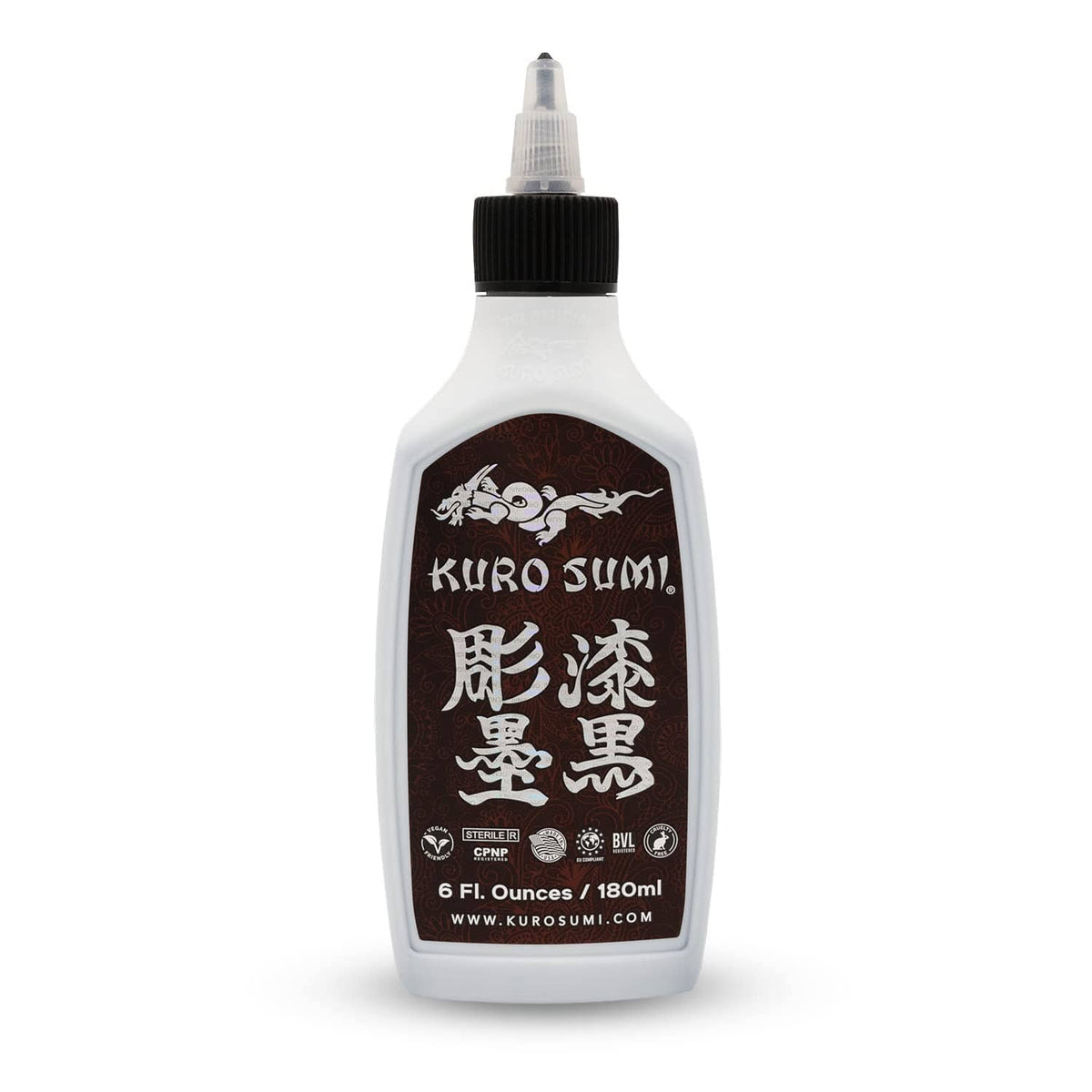 Kuro Sumi black tattoo ink bottle with flip-top cap, 6 fl oz