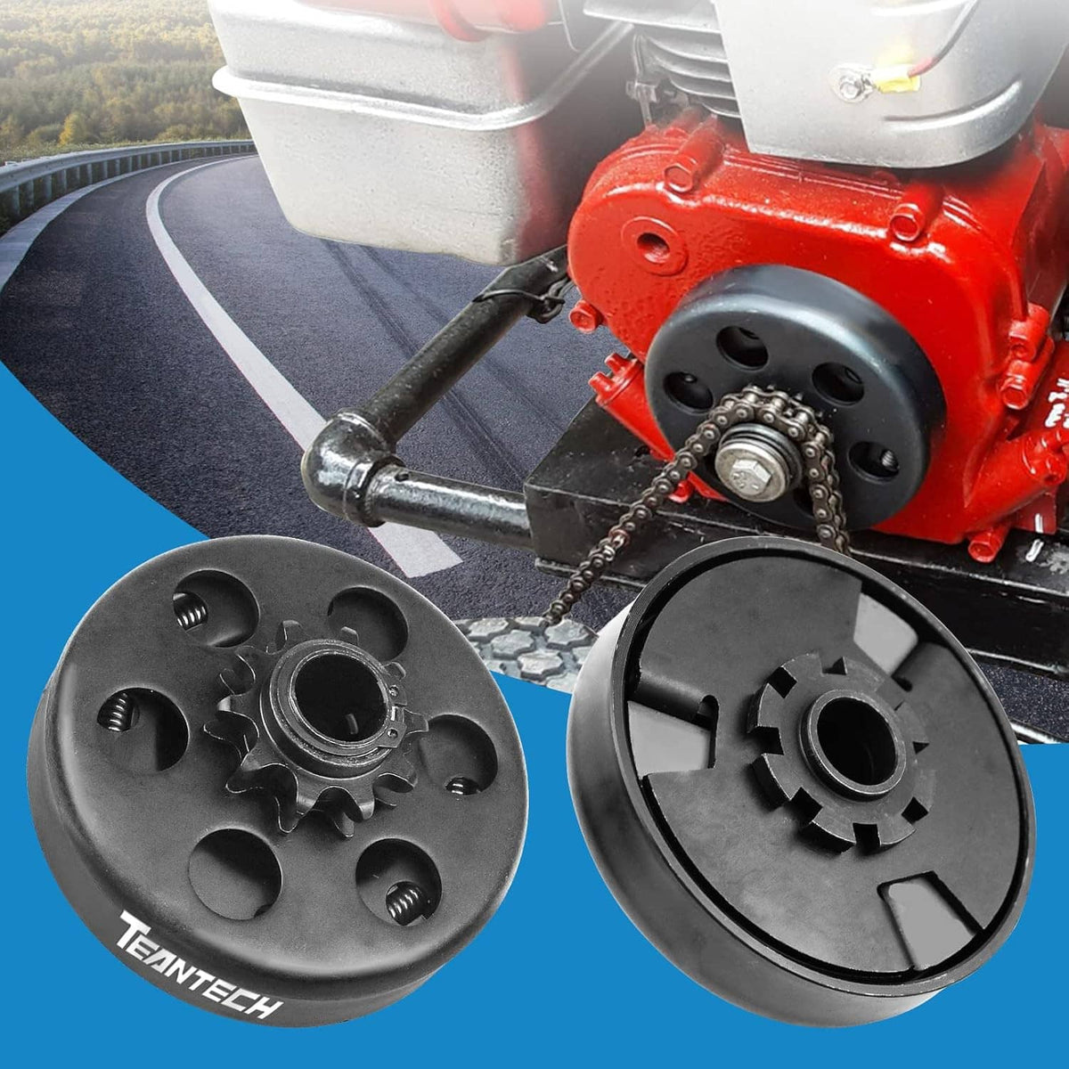 Go-kart clutch plate with 10T sprocket and chain near engine sprocket area