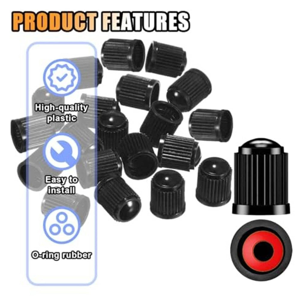 Set of black ribbed tire valve dust caps with rubber O-ring, 20-pack