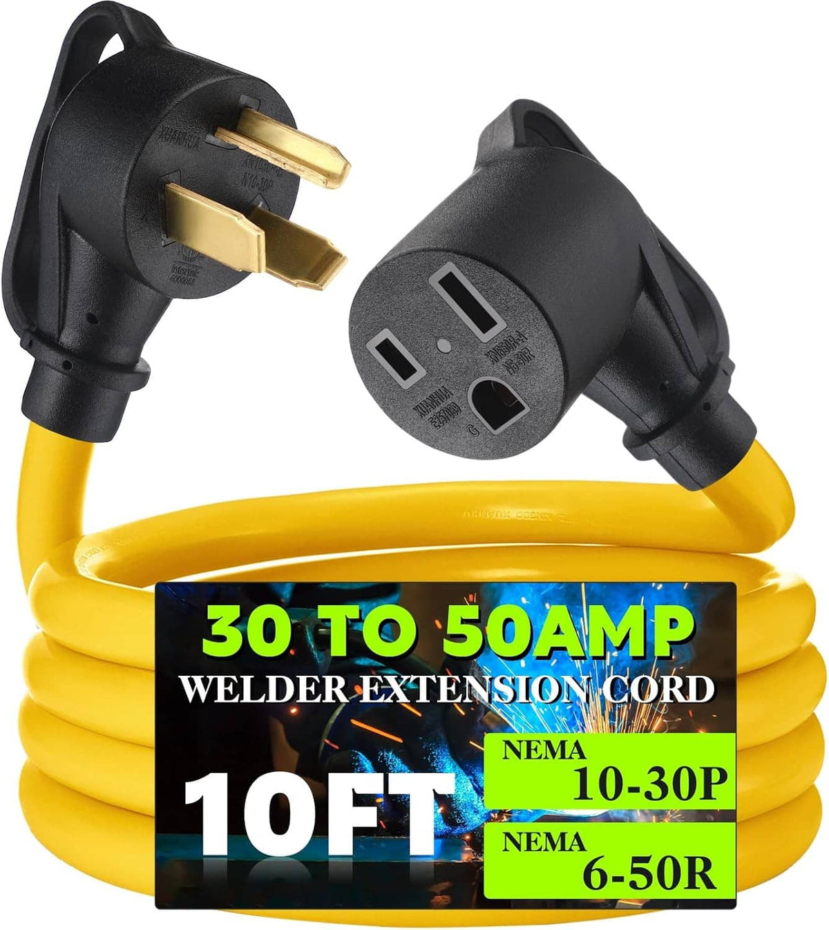 Yellow welder adapter cord loop with NEMA 10-30P and 6-50R plugs, 10 ft